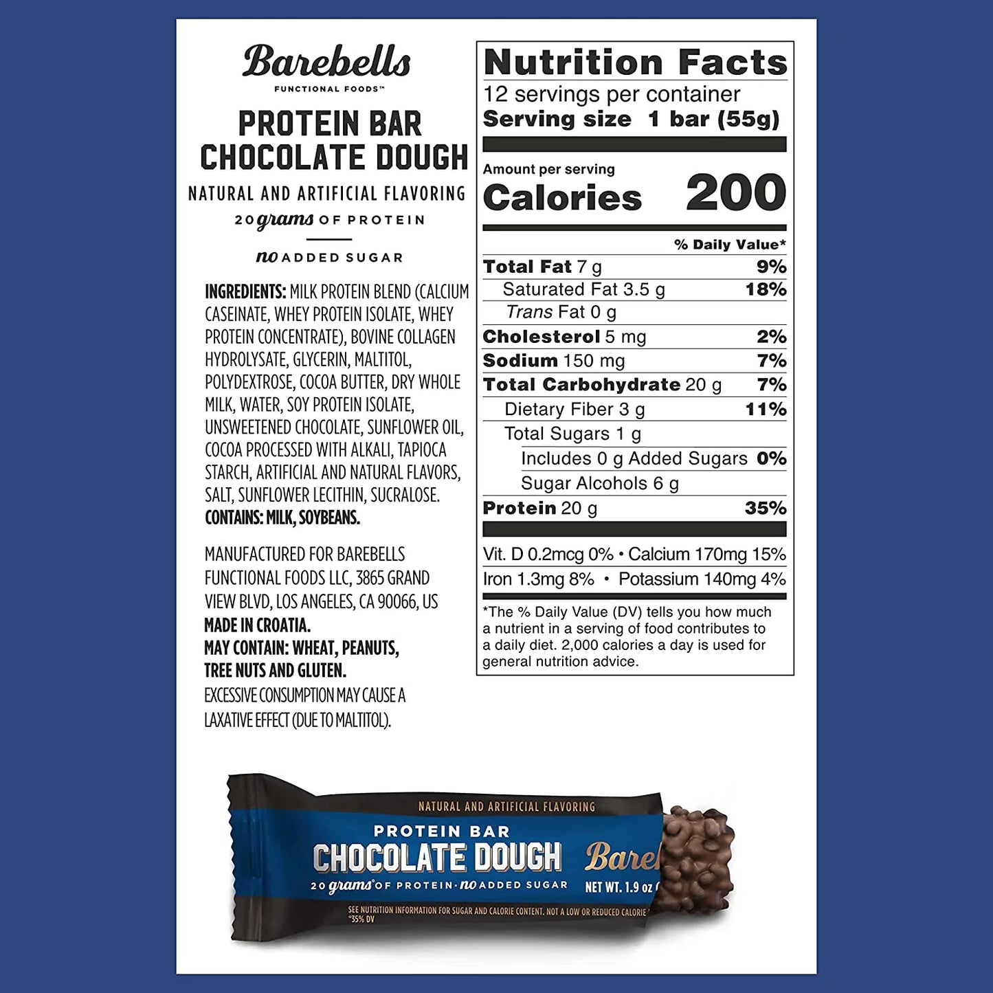 Protein Bars Chocolate Dough - 12 Count, 1.9Oz Bars - Protein Snacks with 20G of High Protein