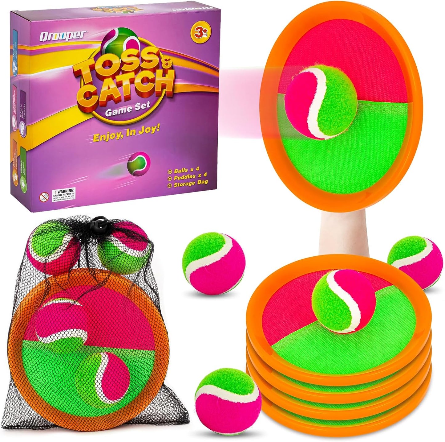 Kids Outdoor Toys - Toss and Catch Game Set, outside Yard Camping Beach Pool Toys Games for Boys Girls 3 4 5 6 7 8 9 10 Year Old, 4 Paddles 4 Balls (Blue+Orange)