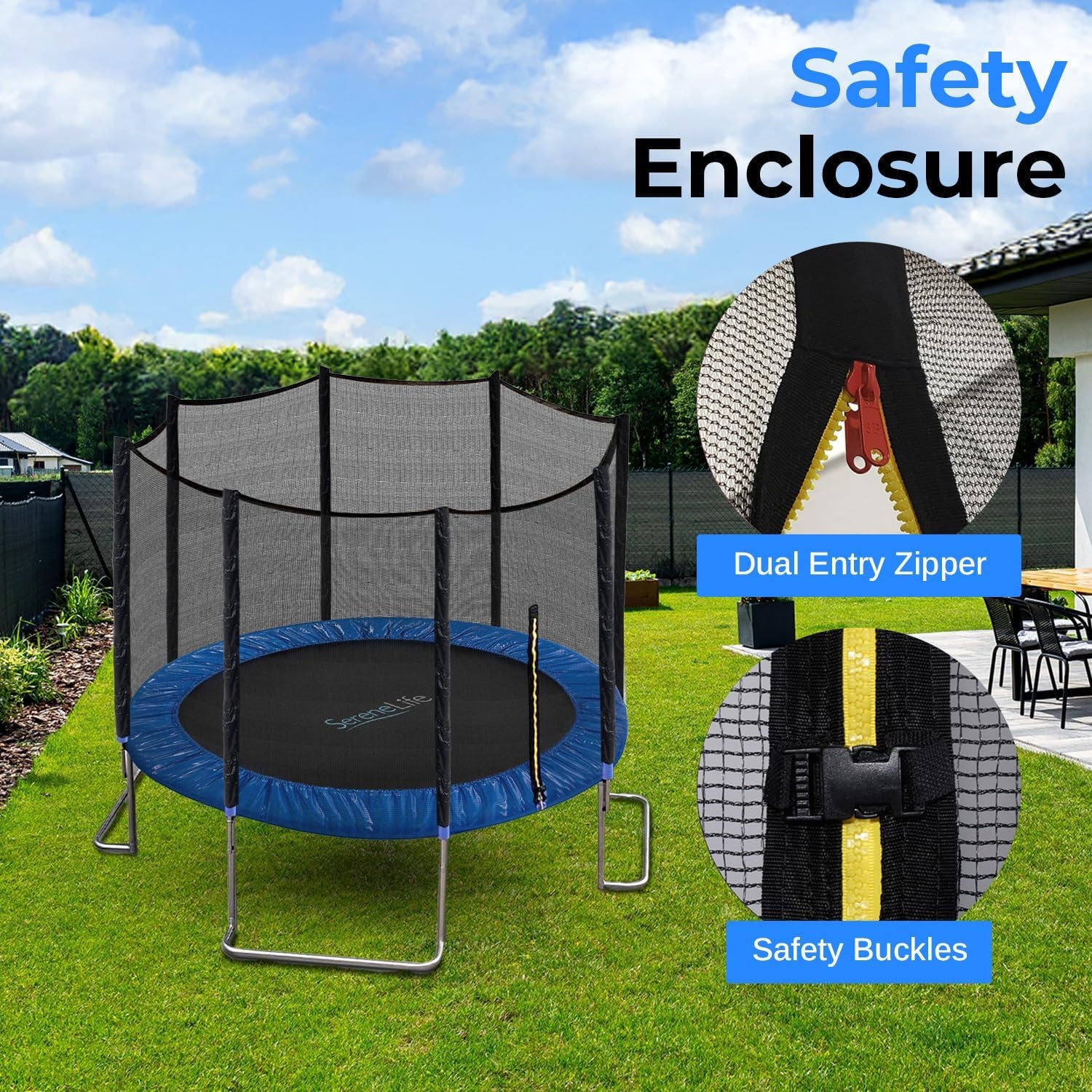 8FT 10FT 12FT 14FT ASTM Certified Heavy-Duty Backyard Trampoline with Safety Poles, Net Enclosure, and Stable Anti-Rust Frame