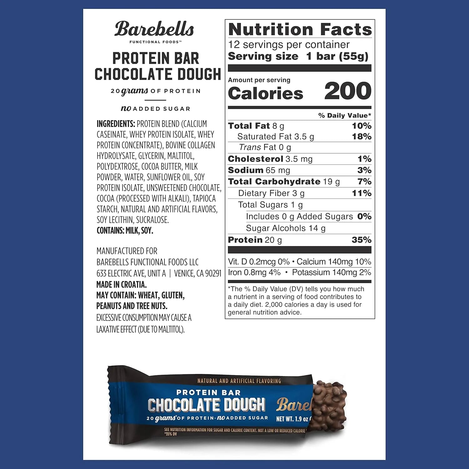 Protein Bars Chocolate Dough - 12 Count, 20G High Protein Treats - Chocolate Nutrition Bar with 1G Total Sugars - On-The-Go Breakfast or Post-Workout Snack