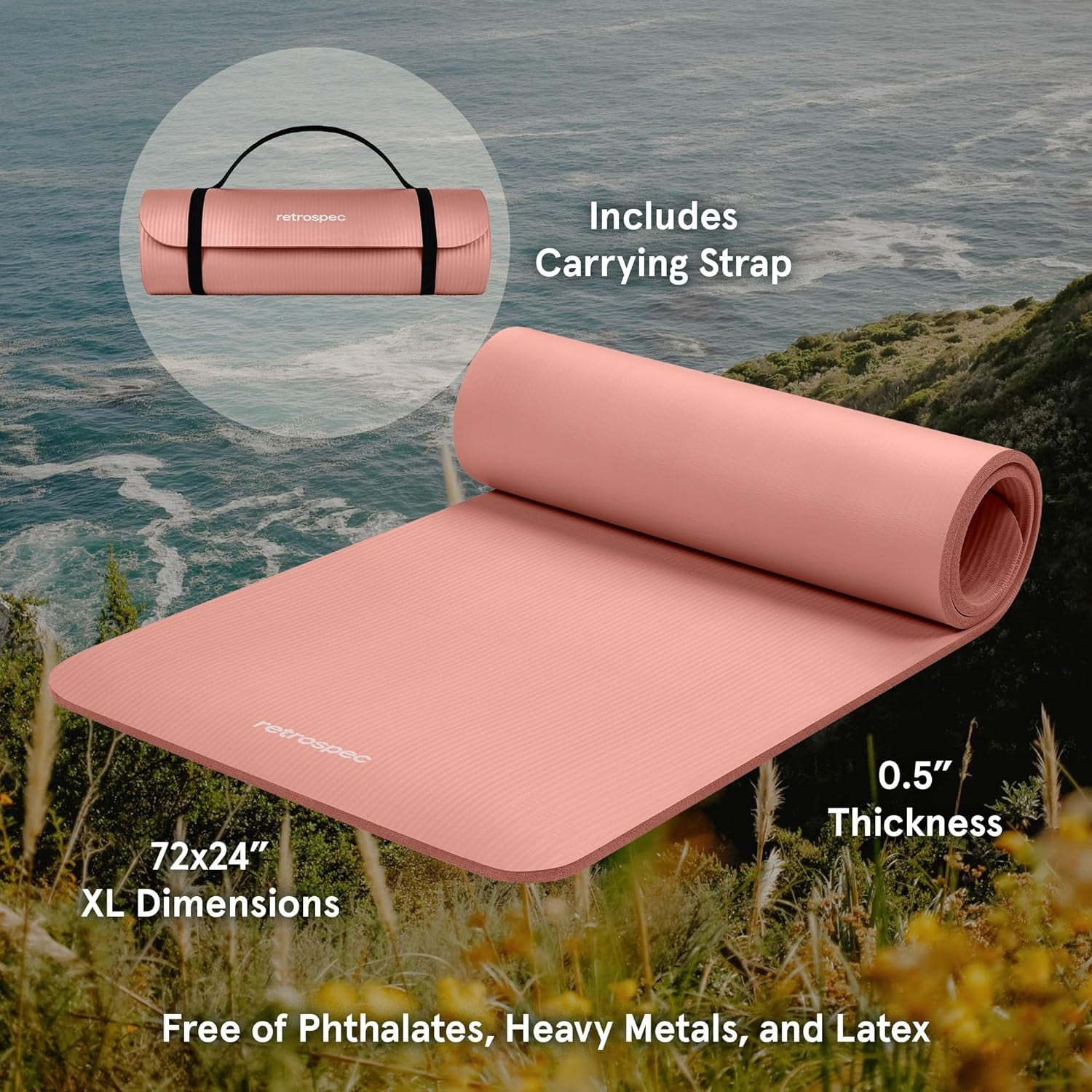 Solana Yoga Mat 1/2" Thick W/Nylon- Non Slip Exercise Mat for Yoga, Pilates, Stretching, Floor & Fitness Workouts