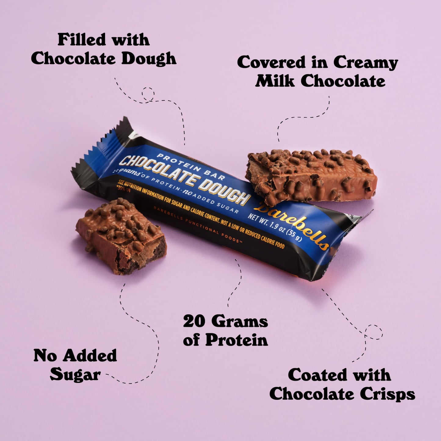 Protein Bars Chocolate Dough - 12 Count, 20G High Protein Treats - Chocolate Nutrition Bar with 1G Total Sugars - On-The-Go Breakfast or Post-Workout Snack