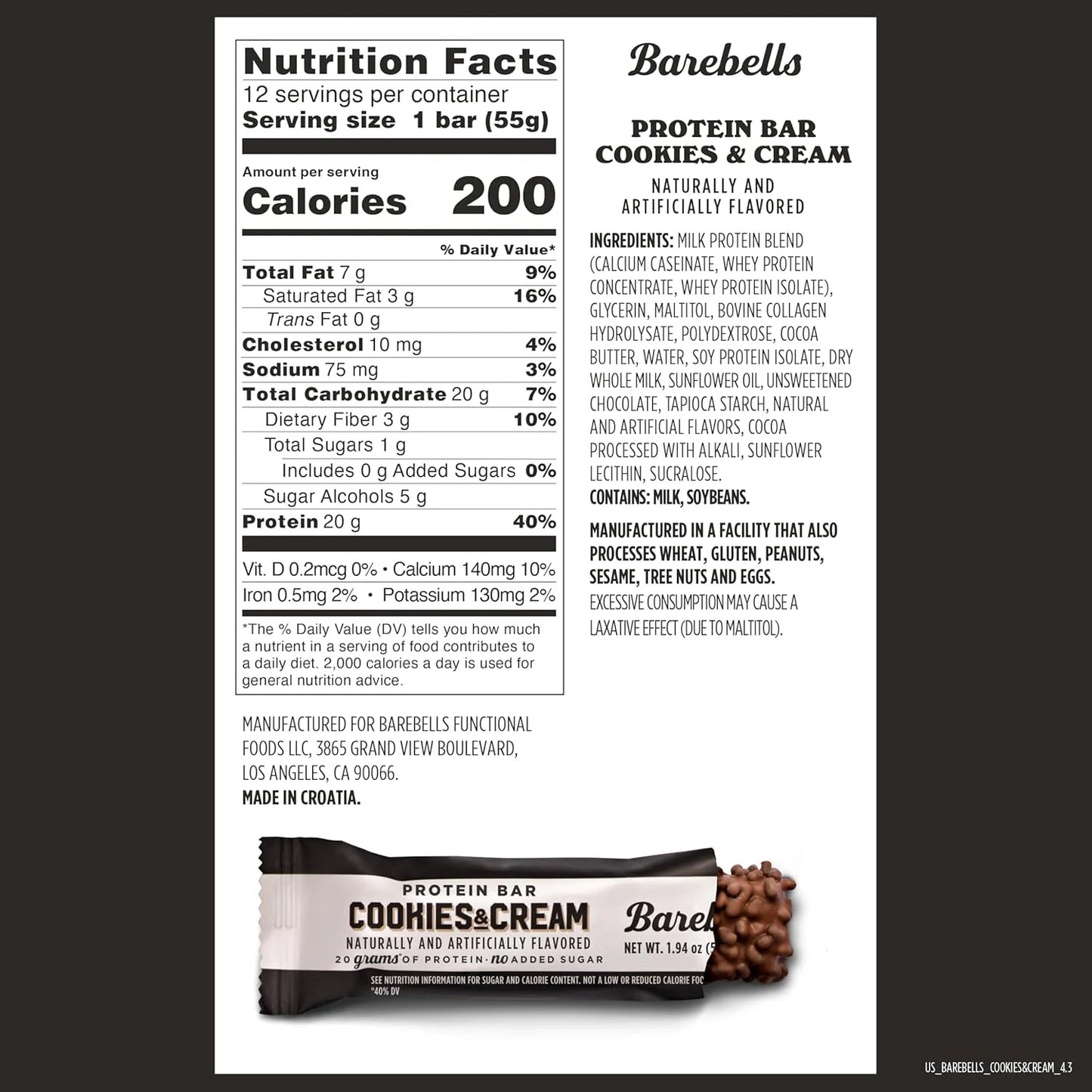 Protein Bars Cookies & Cream - 12 Count, 20G High Protein Treats - Chocolate Nutrition Bar with 1G Total Sugars - On-The-Go Breakfast or Post-Workout Snack