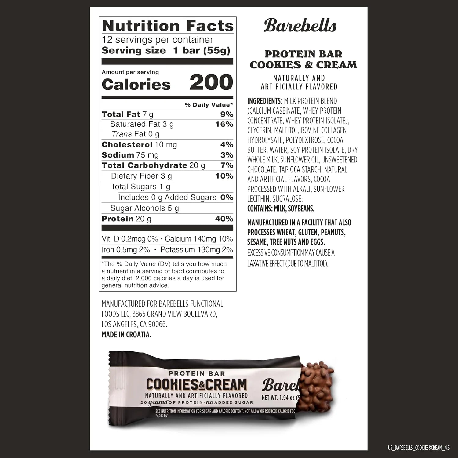 Protein Bars Cookies & Cream - 12 Count, 20G High Protein Treats - Chocolate Nutrition Bar with 1G Total Sugars - On-The-Go Breakfast or Post-Workout Snack