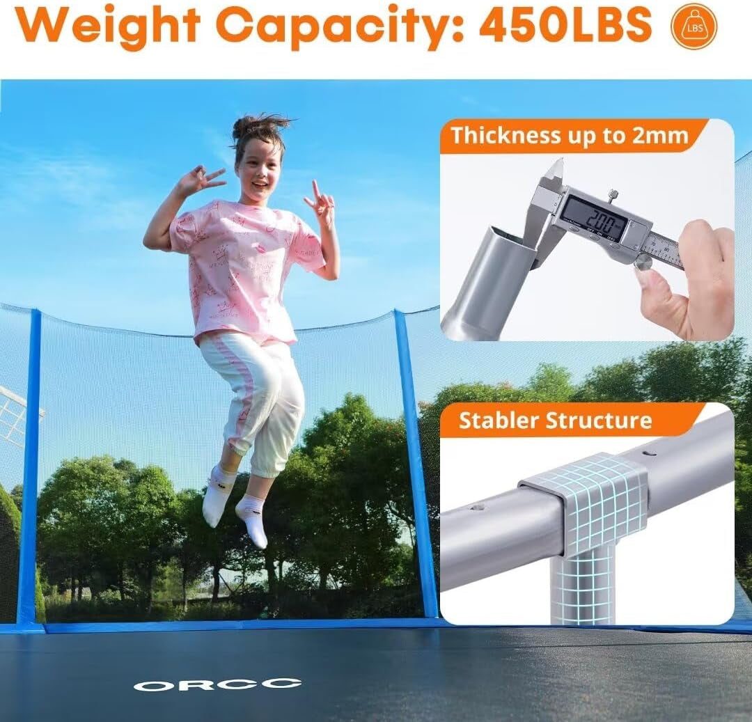 1200LBS Weight Capacity Trampoline 16 15 14 12 10 8 FT with Safety Enclosure Net Curved Poles