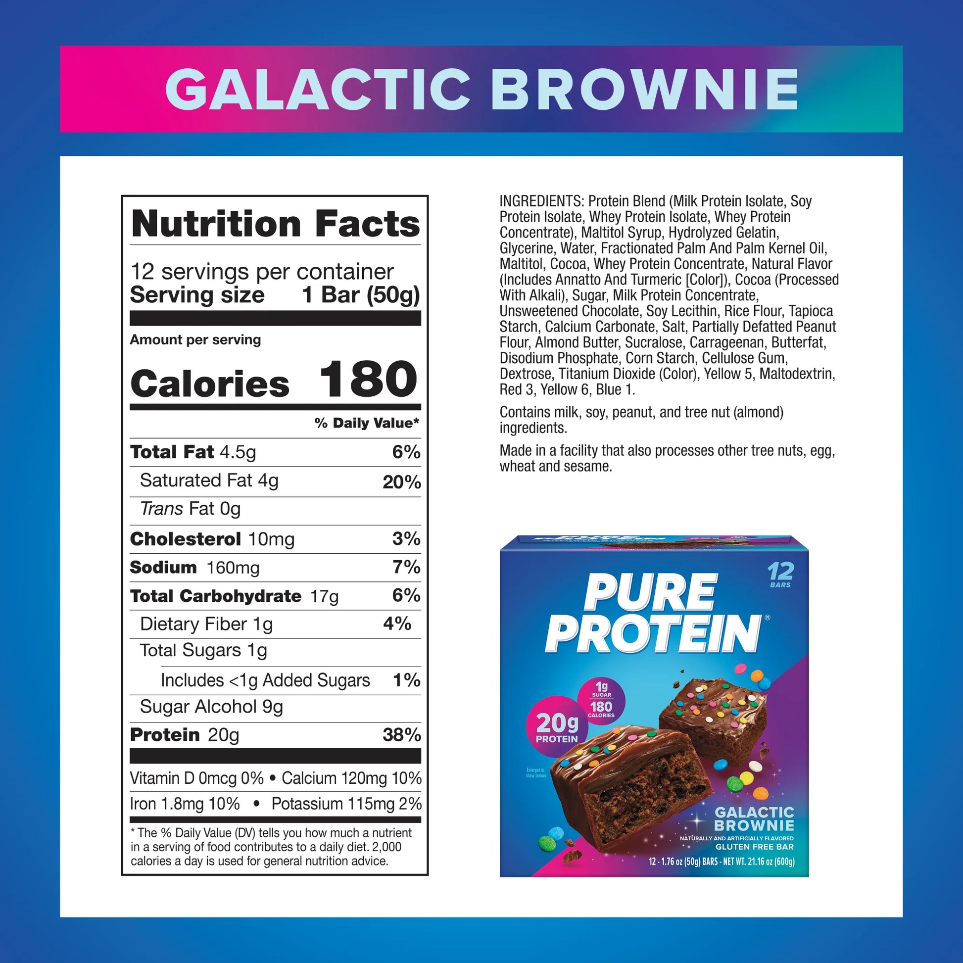 Bars, Galactic Brownie, 20G Protein, Gluten Free, 1.76 Oz, 12 Ct
