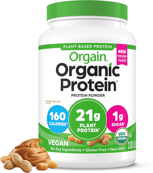 Organic Vegan Protein Powder, Peanut Butter - 21G Plant Protein, 7G Prebiotic Fiber, Low Net Carb, No Dairy Ingredients, No Added Sugar, for Shakes & Smoothies, 2.03 Lb (Packaging May Vary)