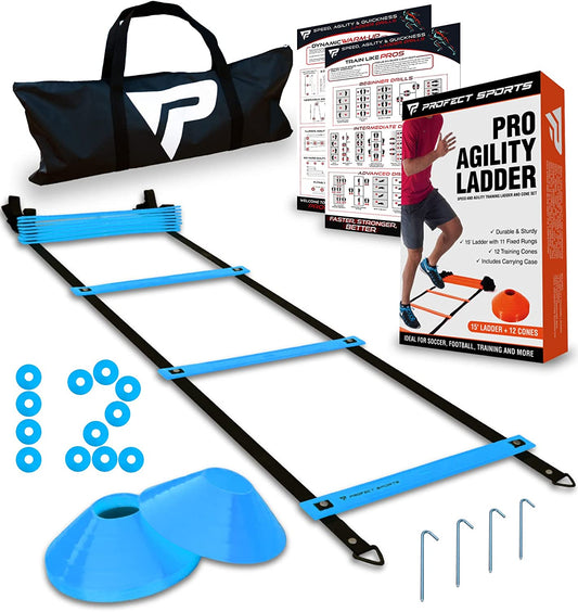 Pro Agility Ladder and Cones - Speed and Agility Training Set with 15 Ft Fixed-Rung Ladder & 12 Cones  Includes Heavy Duty Carry Bag