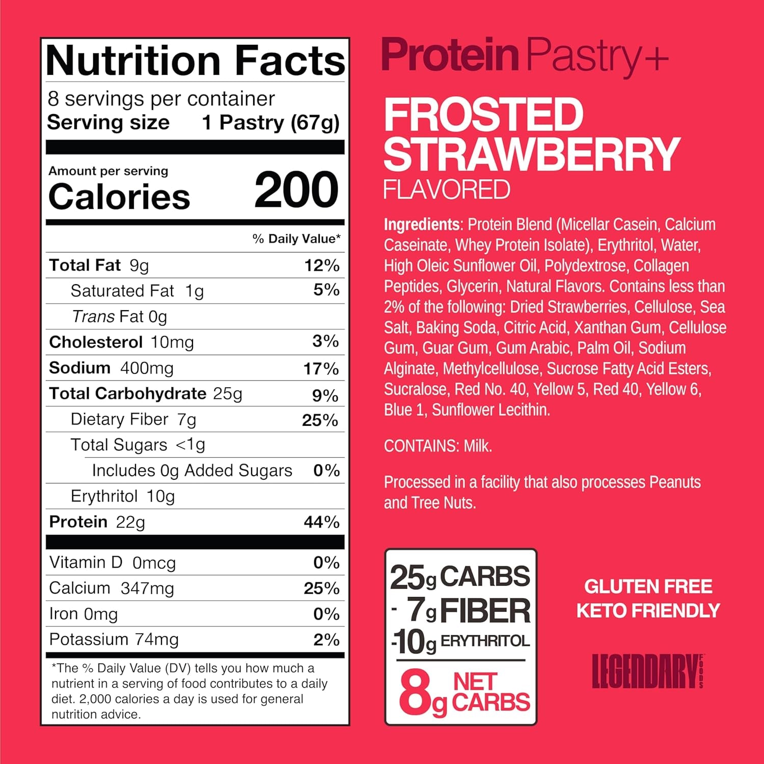 22G Protein Pastry+ Strawberry Low Carb Meal Replacement Bar, Low Glycemic, Gluten Free Protien Snacks - Healthy Keto Snack Box, 8X Zero Sugar Energy Bars - Bariatric Diabetic Friendly
