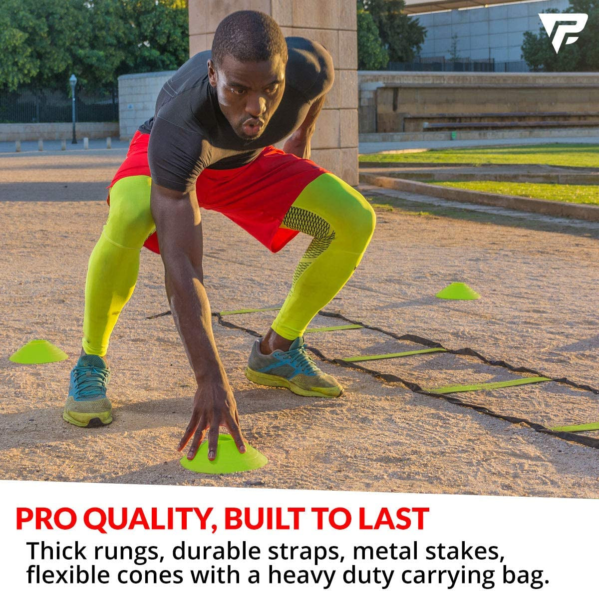 Pro Agility Ladder and Cones - Speed and Agility Training Set with 15 Ft Fixed-Rung Ladder & 12 Cones  Includes Heavy Duty Carry Bag