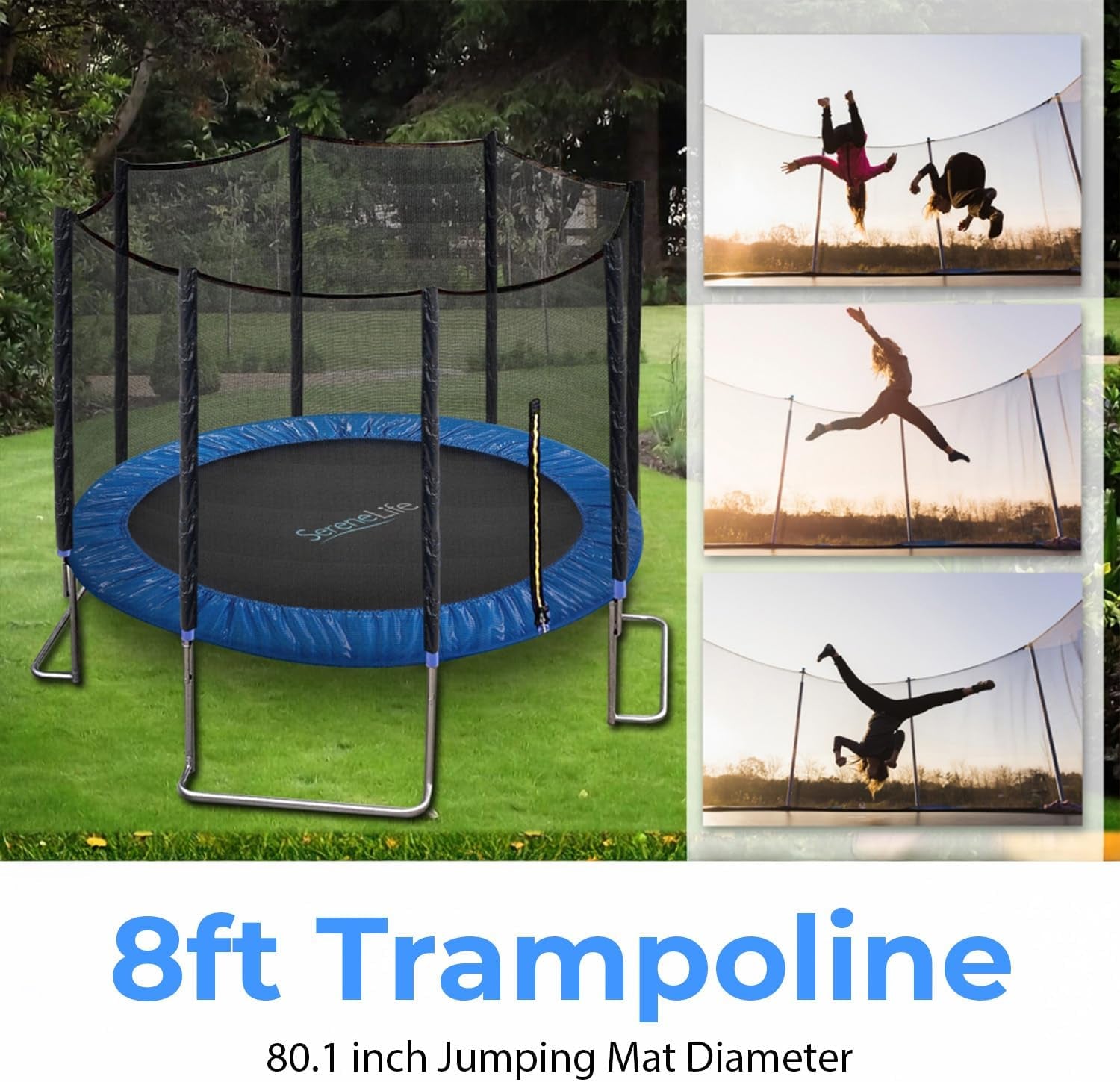 8FT 10FT 12FT 14FT ASTM Certified Heavy-Duty Backyard Trampoline with Safety Poles, Net Enclosure, and Stable Anti-Rust Frame