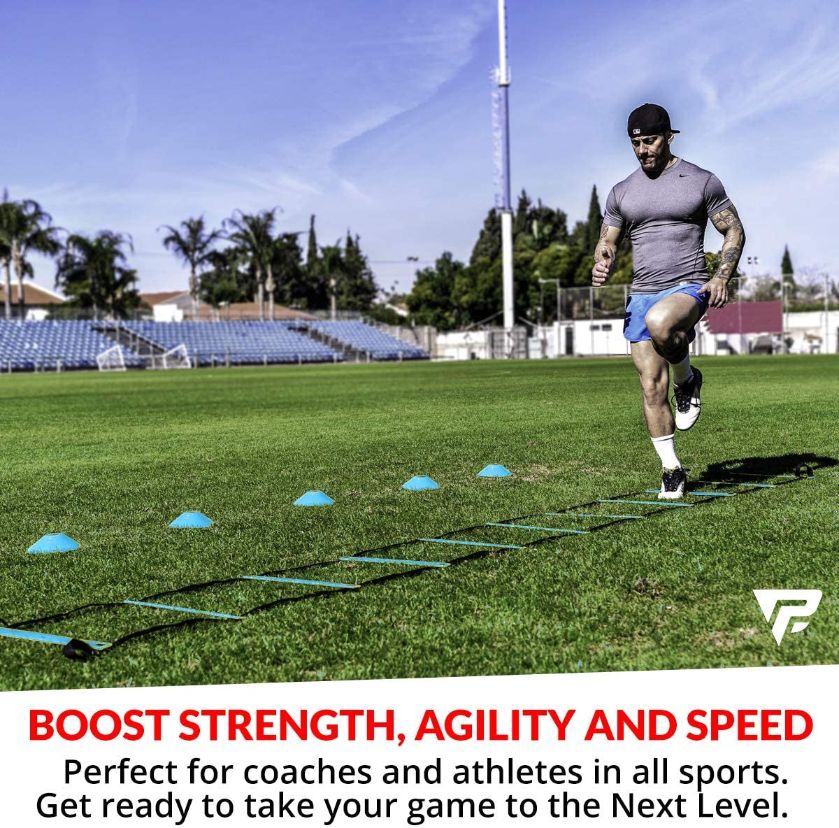 Pro Agility Ladder and Cones - Speed and Agility Training Set with 15 Ft Fixed-Rung Ladder & 12 Cones  Includes Heavy Duty Carry Bag