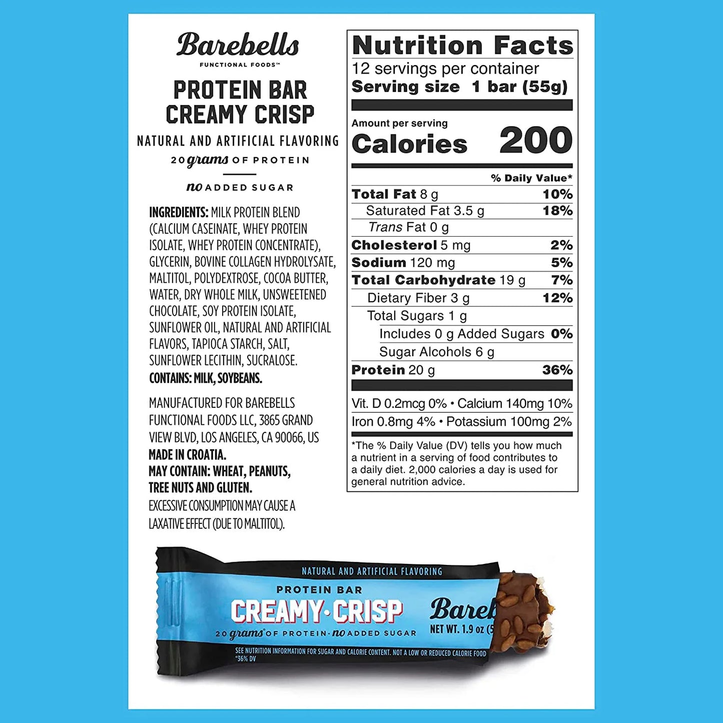 Protein Bars Creamy Crisp - 12 Count, 20G High Protein Treats - Chocolate Nutrition Bar with 1G Total Sugars - On-The-Go Breakfast or Post-Workout Snack