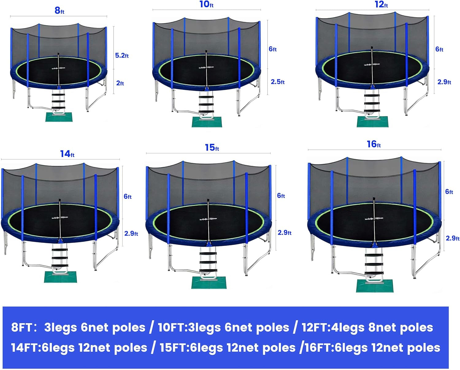No-Gap Design 16 15 14 12 10FT Trampoline with Safety Enclosure Net and Non-Slip Ladder 10-Year Quality Assurance 