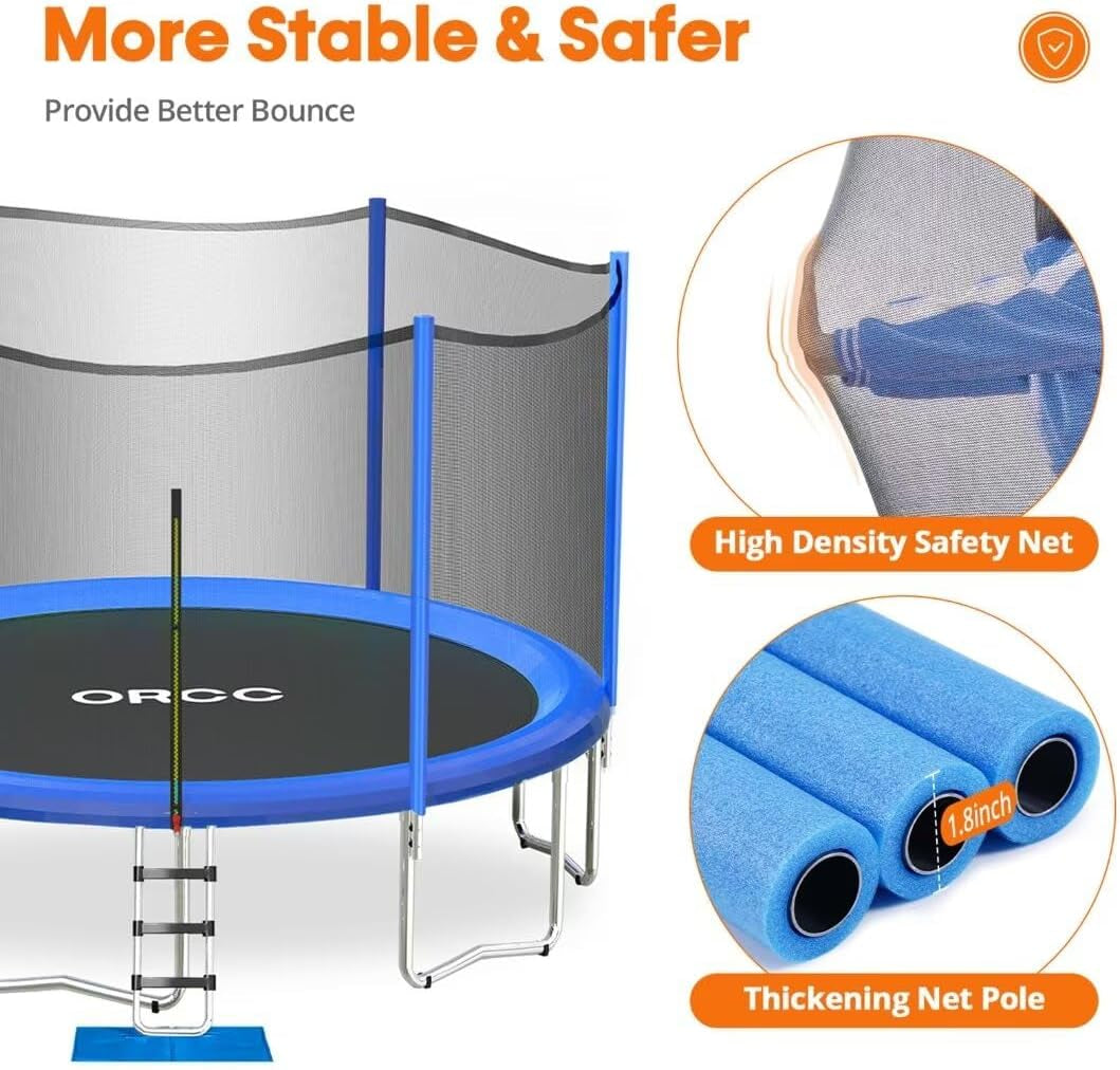 1200LBS Weight Capacity Trampoline 16 15 14 12 10 8 FT with Safety Enclosure Net Curved Poles