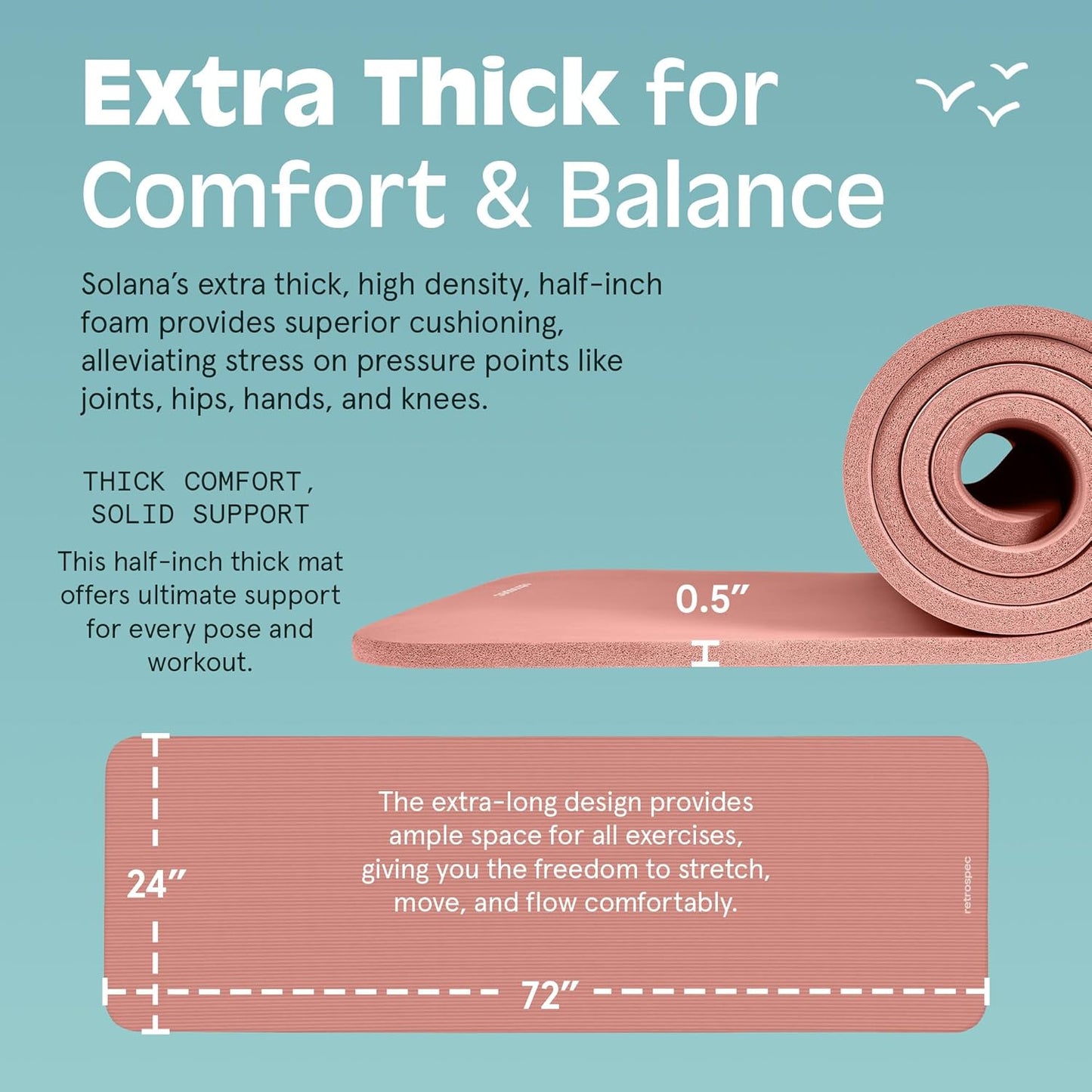 Solana Yoga Mat 1/2" Thick W/Nylon- Non Slip Exercise Mat for Yoga, Pilates, Stretching, Floor & Fitness Workouts