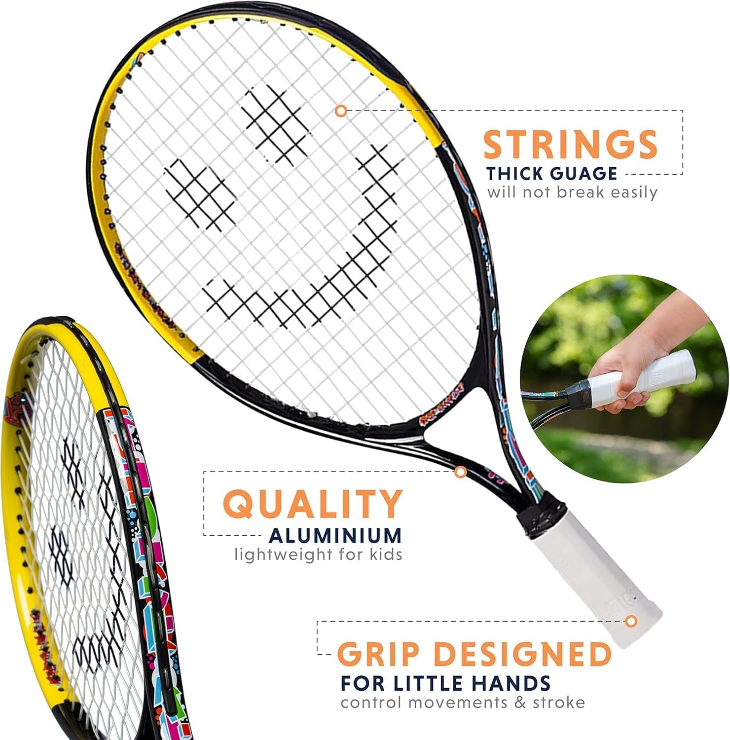 Kids Tennis Racket with Training Videos – Aluminum Youth Tennis Racket with Neoprene Handle for Children Age 5-12 – Learn Faster and Play Better