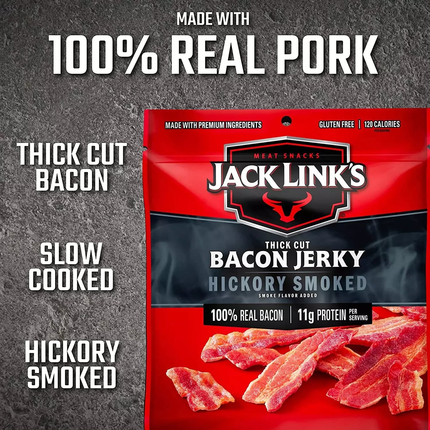 Jack Link'S Bacon Jerky, Hickory Smoked, 2.5 Oz. Bag-Flavorful Ready to Eat Meat