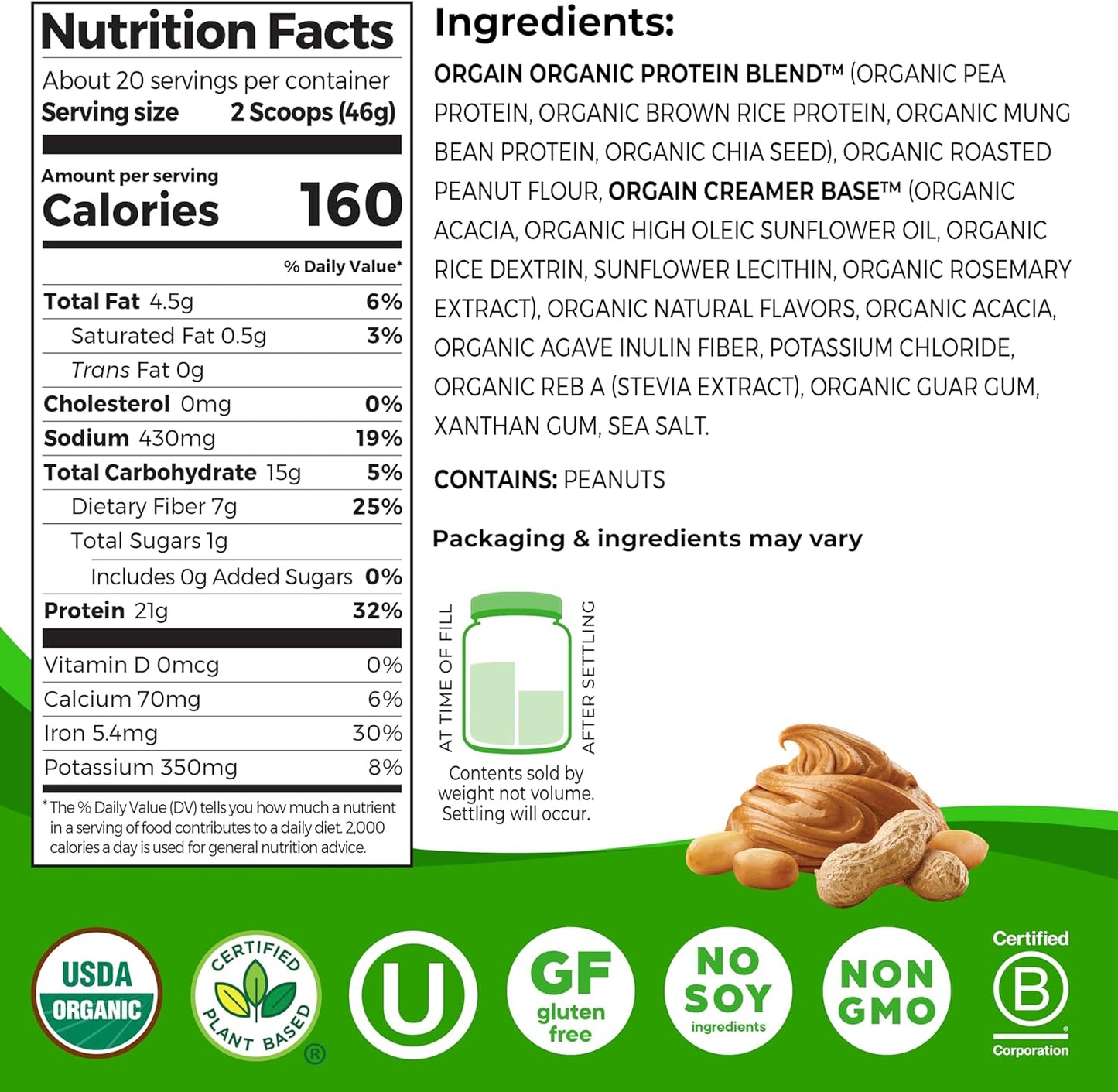 Organic Vegan Protein Powder, Peanut Butter - 21G Plant Protein, 7G Prebiotic Fiber, Low Net Carb, No Dairy Ingredients, No Added Sugar, for Shakes & Smoothies, 2.03 Lb (Packaging May Vary)