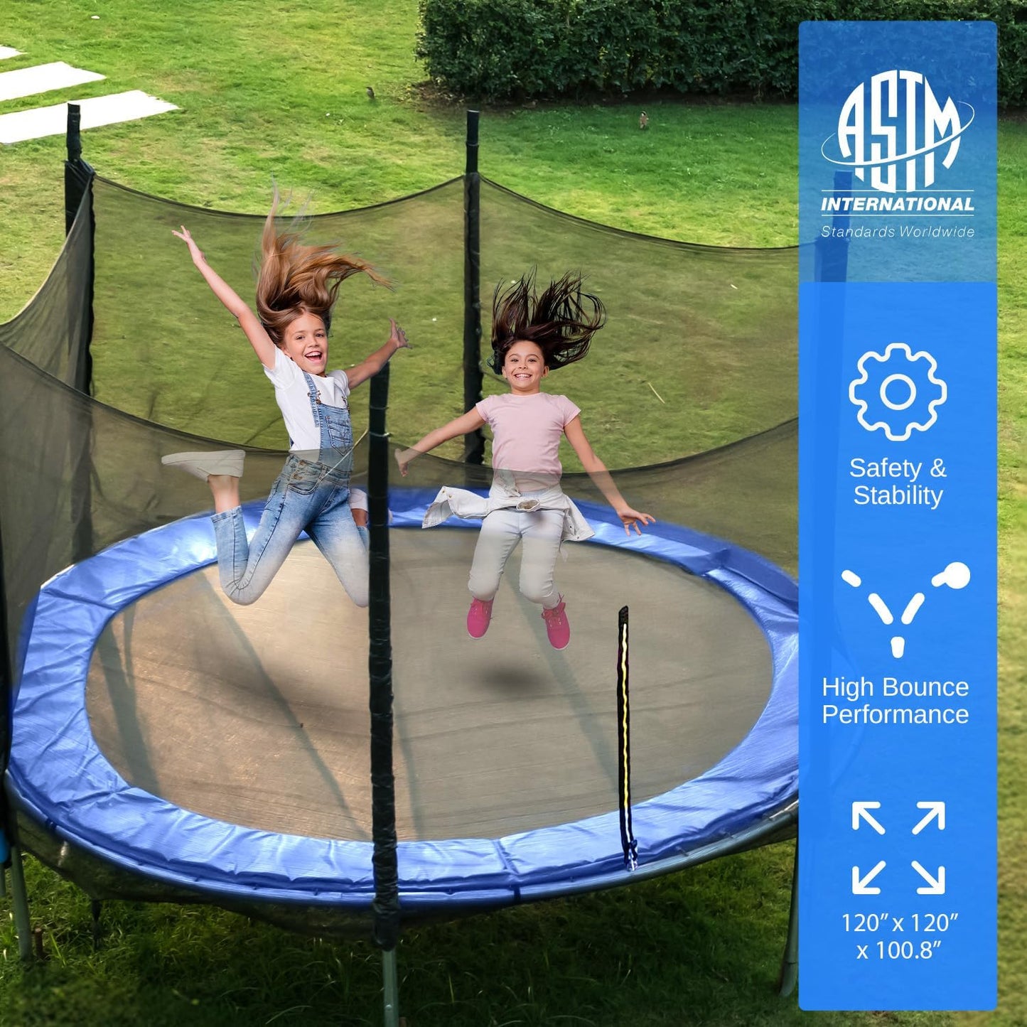 8FT 10FT 12FT 14FT ASTM Certified Heavy-Duty Backyard Trampoline with Safety Poles, Net Enclosure, and Stable Anti-Rust Frame